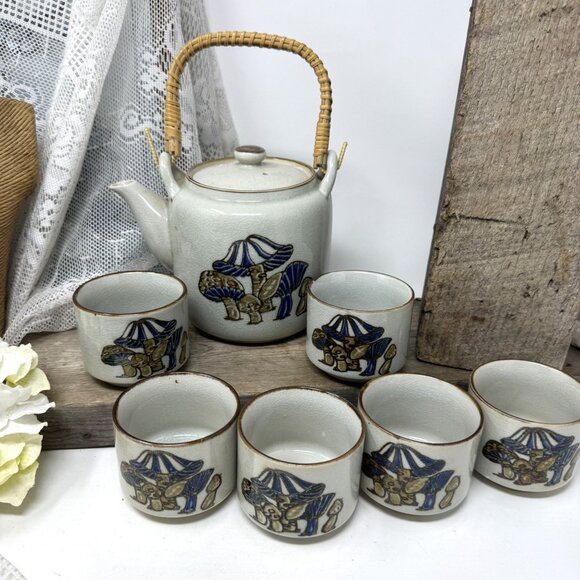 Vintage Ceramic Teapot Set With 6 Matching Cups Mushroom Design Wicker Handle